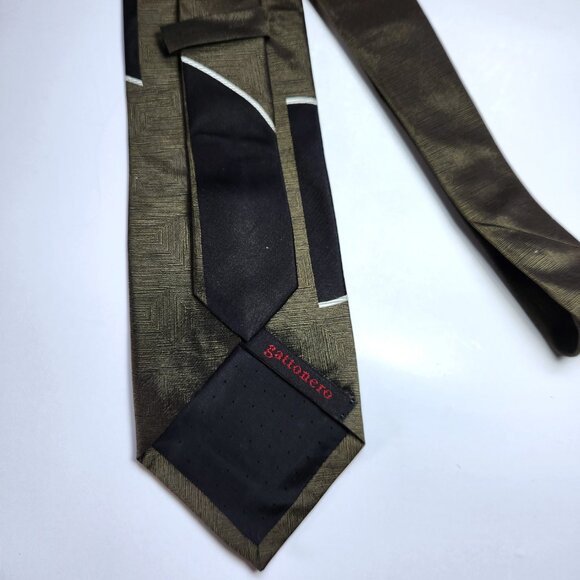 Gattonero Men's Necktie 100% Silk Green with Black and White 58" x 4" Italy - Picture 4 of 5